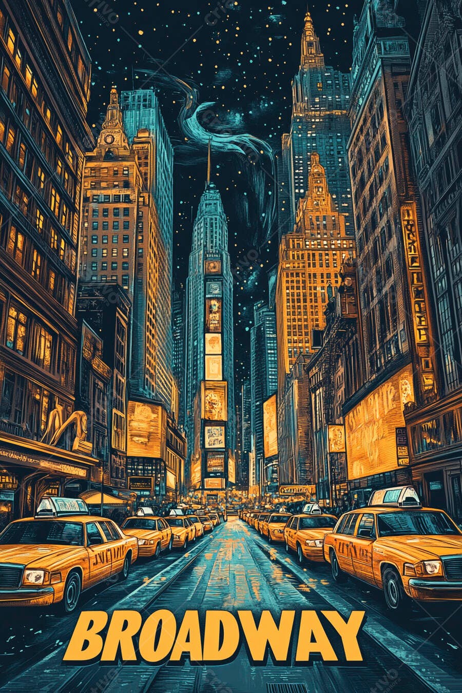 Broadway Nova York Noite Taxis Amarelos Ilustração Digital