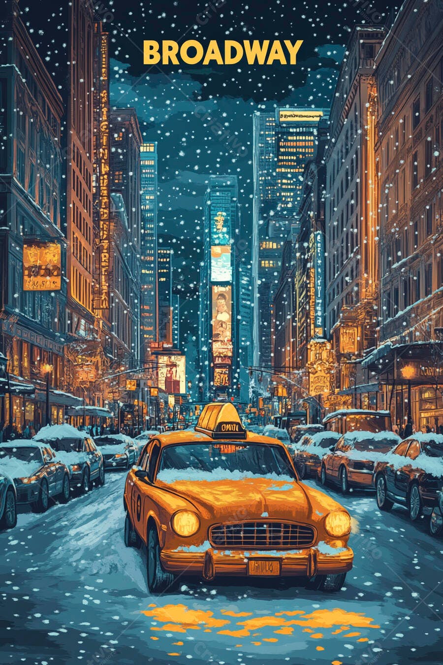 Foto Táxi Amarelo Nevando Broadway Nova York Inverno