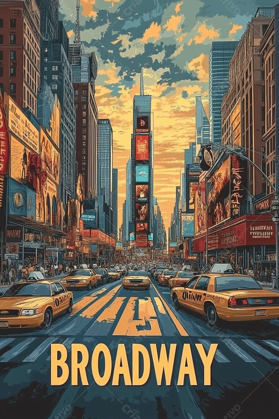 Ilustração Broadway Times Square Nova York Taxis Amarelos