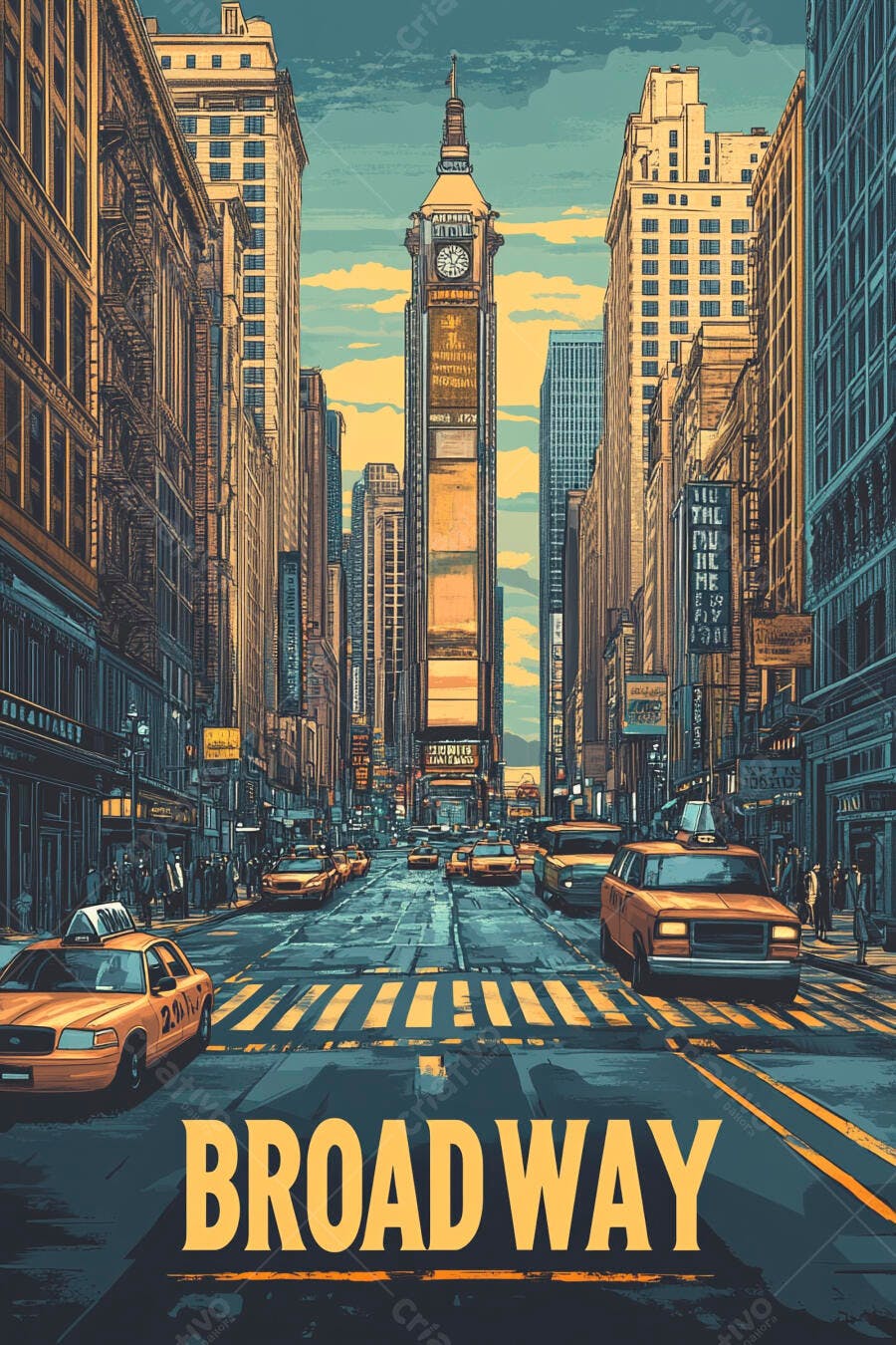 Foto Broadway Nova York com Táxis e Prédios Estilo Quadrinhos