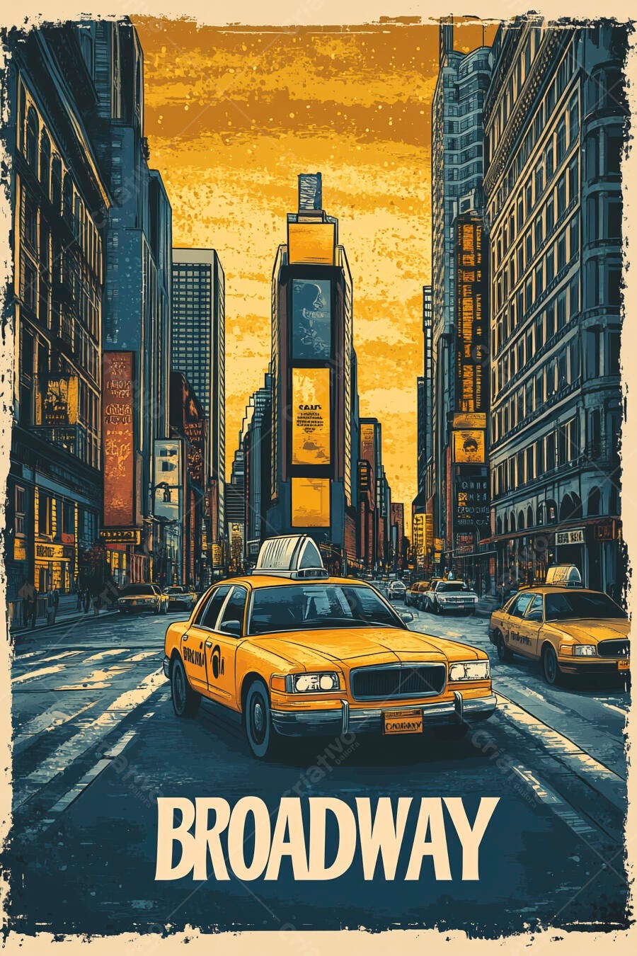 Ilustração Broadway Nova York Táxis Amarelos Estilo Vintage