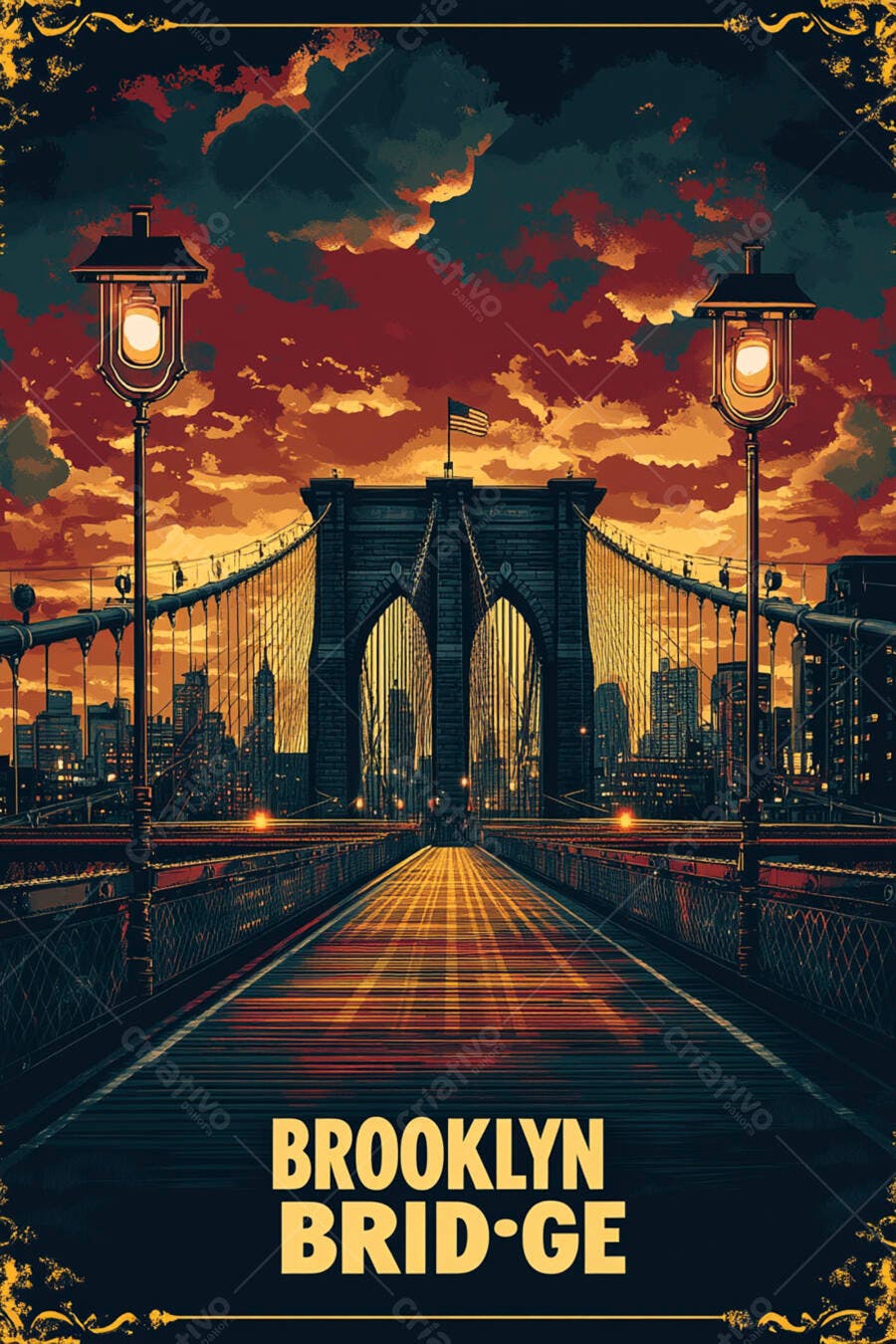 Ilustração Ponte do Brooklyn Nova York Entardecer
