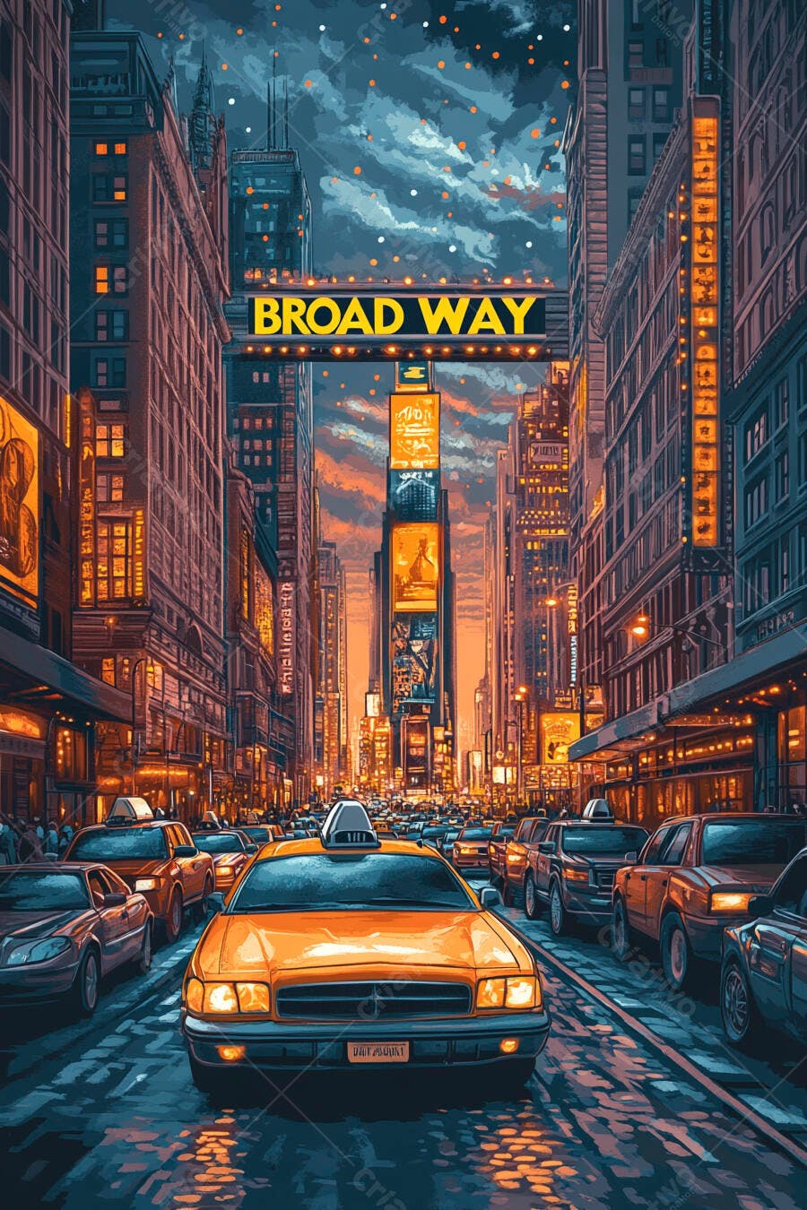 Foto Ilustração Broadway Nova York Trânsito Noturno Táxi Amarelo
