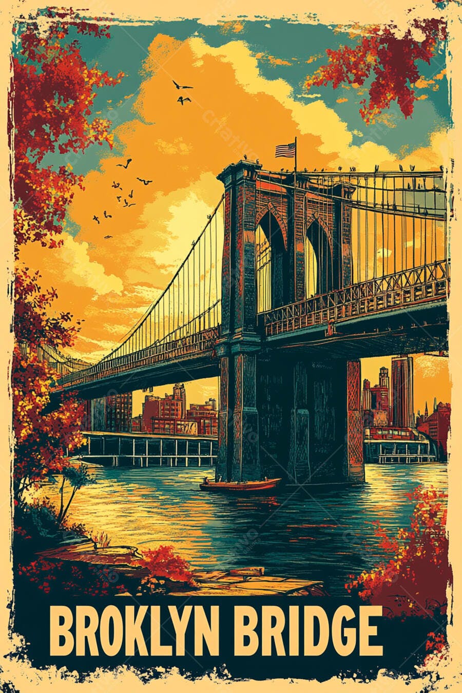 Ponte do Brooklyn vibrante pôr do sol alaranjado outonal sobre rio East com barco