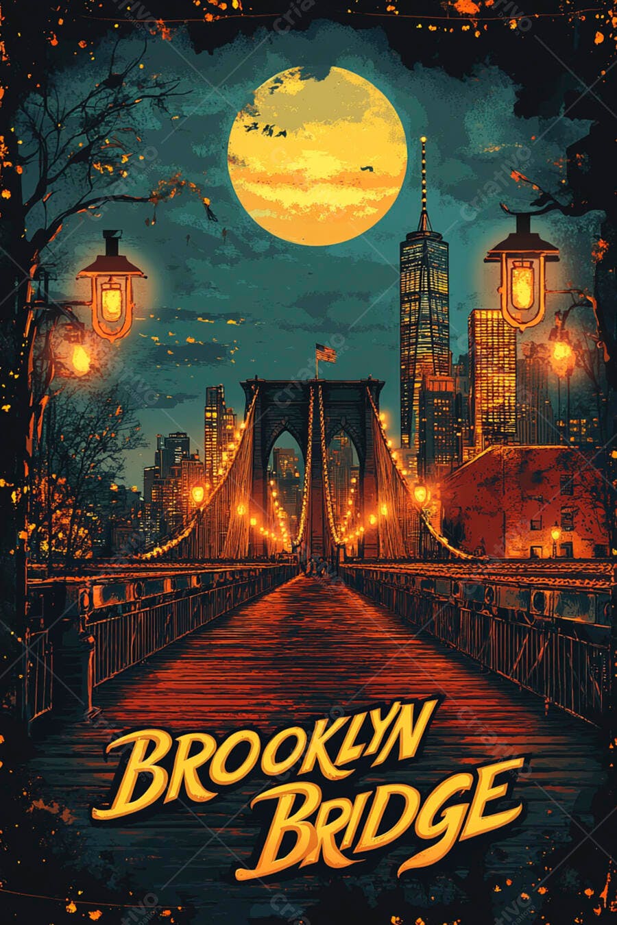Ponte do Brooklyn à noite com lua cheia vibrante e arranha-céus iluminados em Nova Iorque