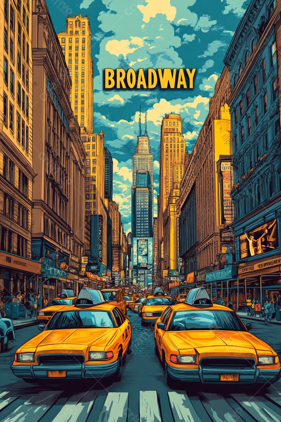 Rua Broadway em Nova York com táxis amarelos e prédios altos arte pop