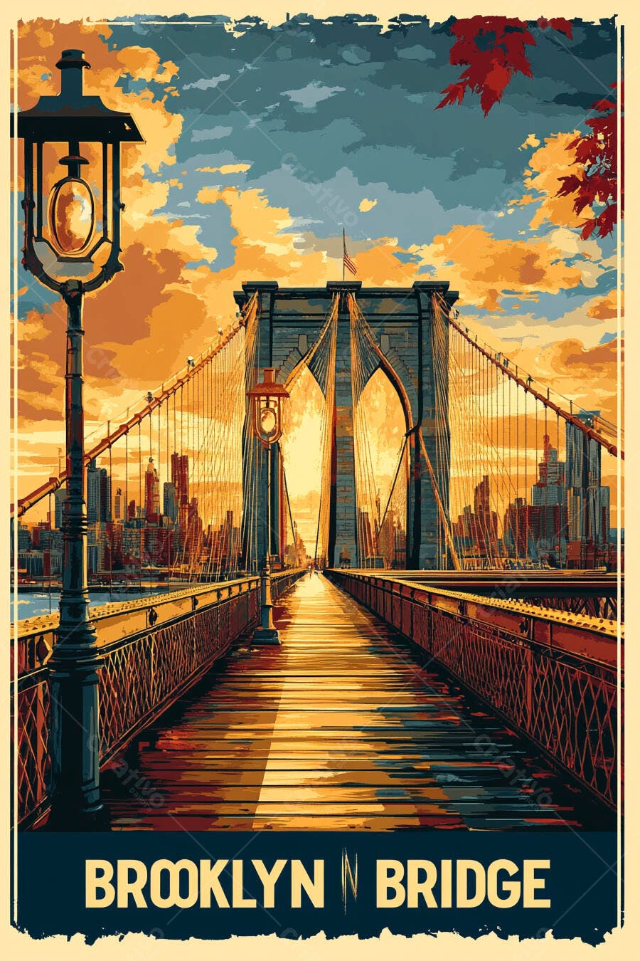 Ponte do Brooklyn ao pôr do sol com céu vibrante e cidade de Nova York