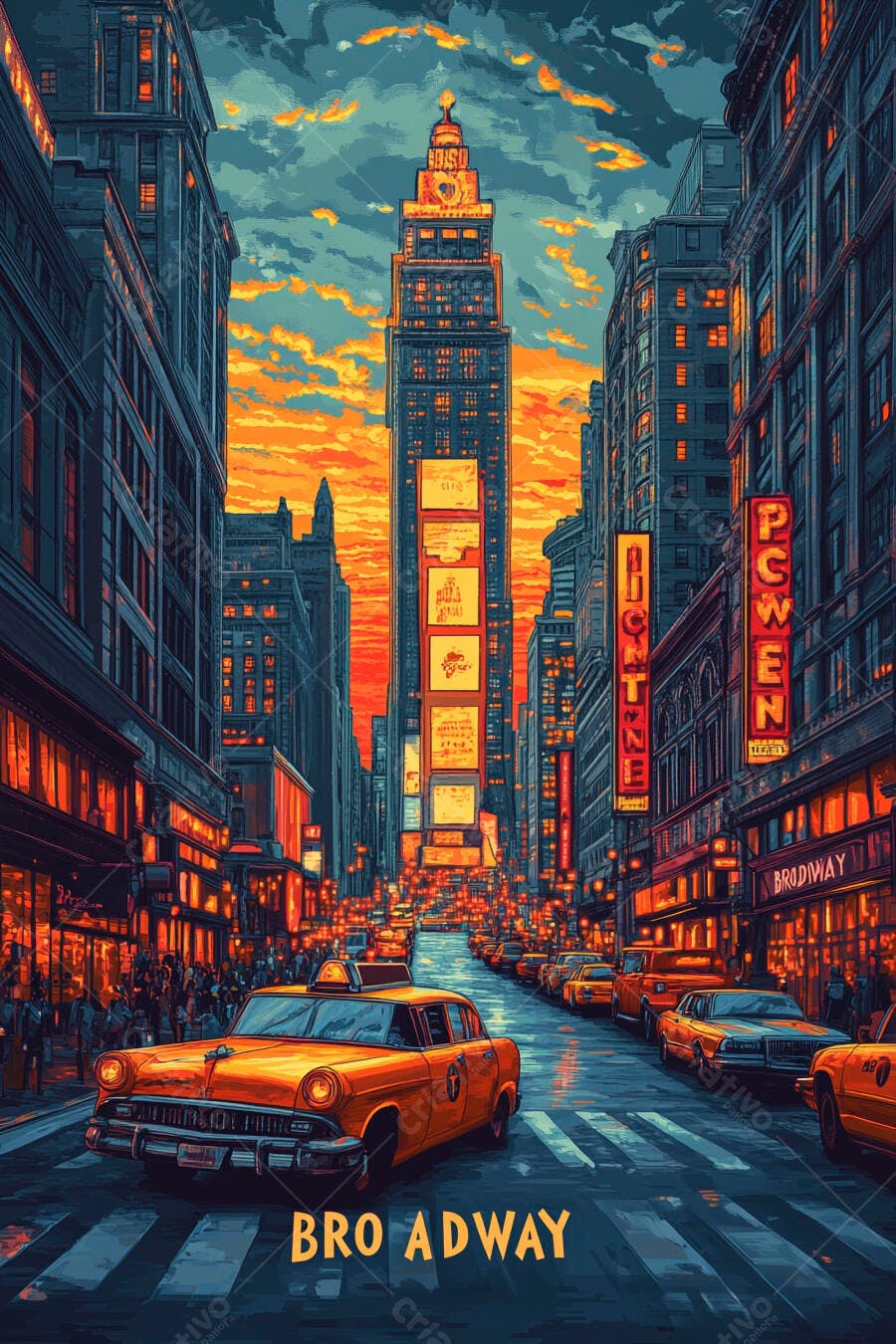 Rua de Nova York vintage com táxis amarelos ao pôr do sol urbano