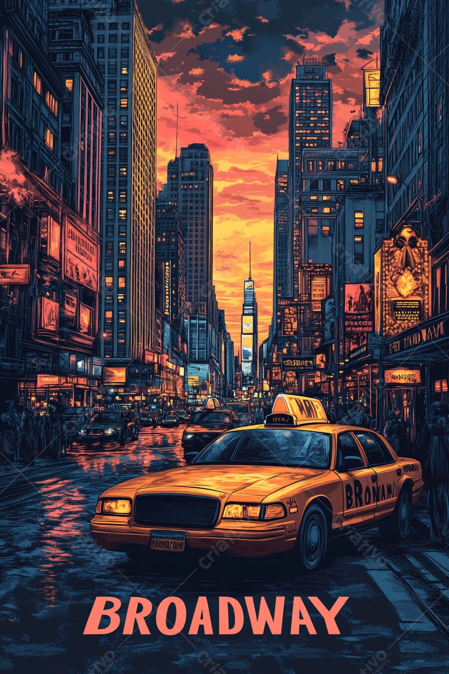 Táxi amarelo na rua de Nova York ao pôr do sol vibrante
