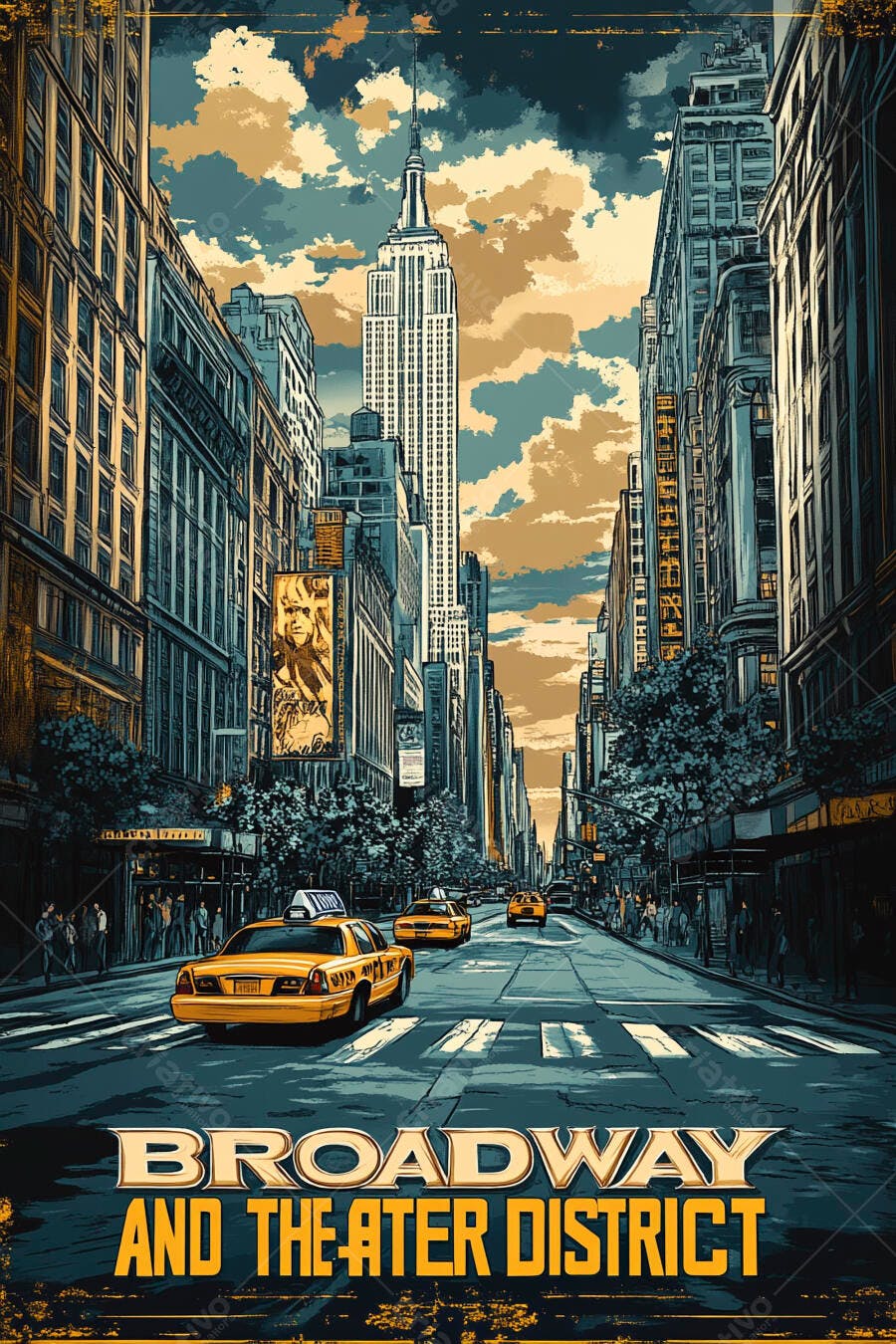Broadway Nova Iorque Empire State Building e taxis amarelos ilustração vintage