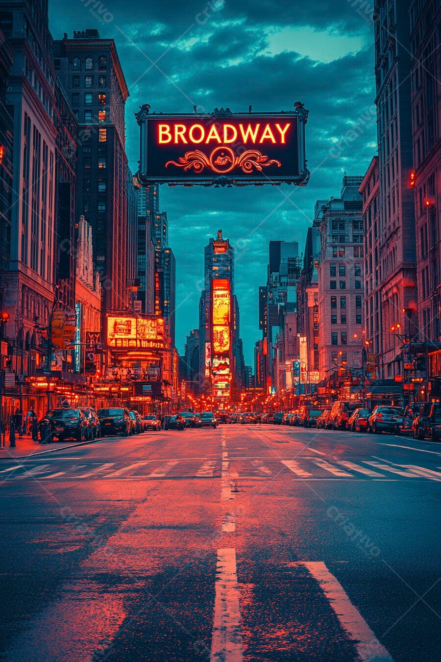 Rua Broadway com letreiros neon vermelhos em Nova York à noite