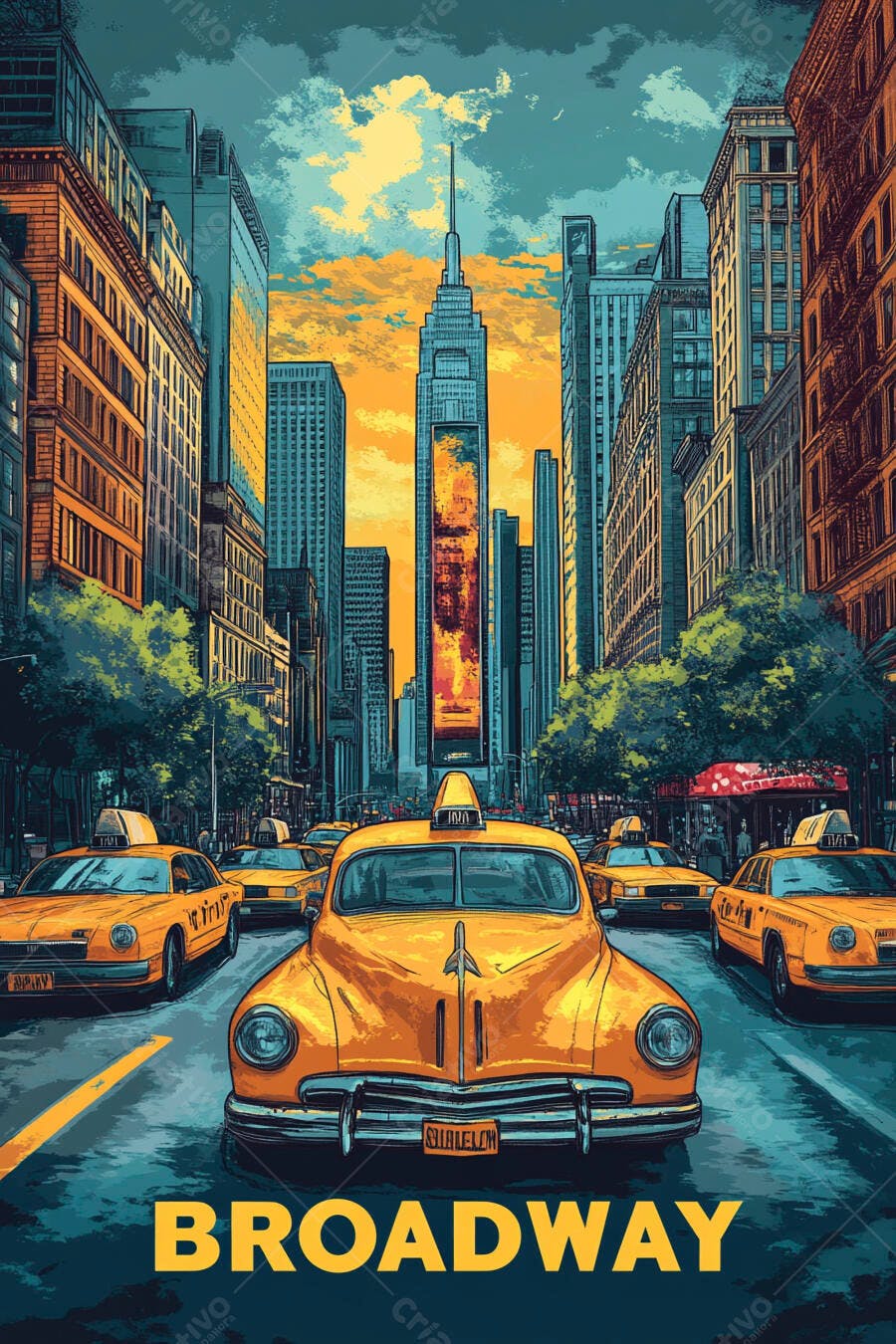 Taxis amarelos vintage em rua de Nova York ao pôr do sol urbano