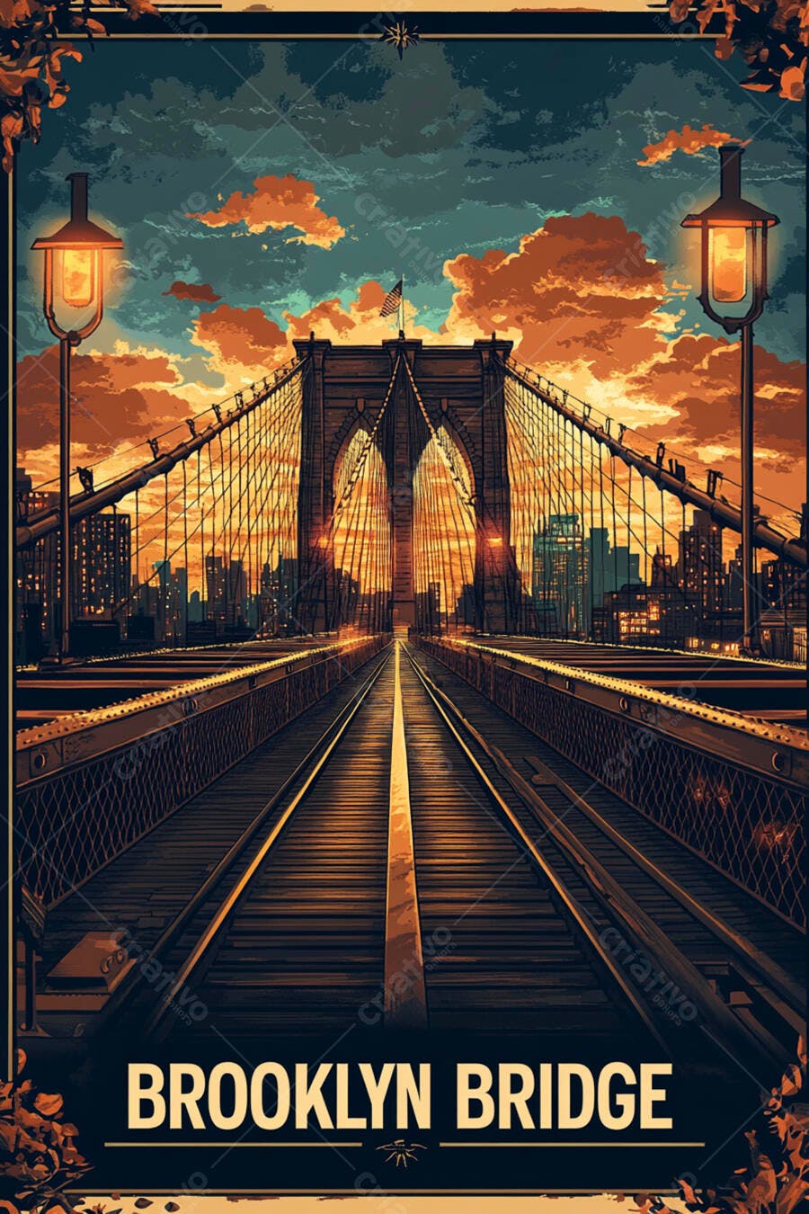 Brooklyn Bridge ao pôr do sol em Nova York com céu laranja e postes de luz