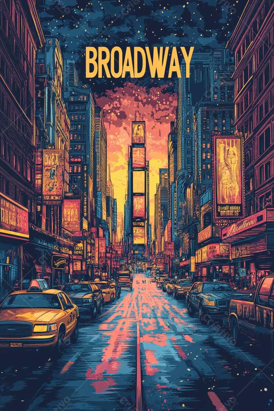 Broadway Nova York noite cidade vibrante taxis amarelos arte digital