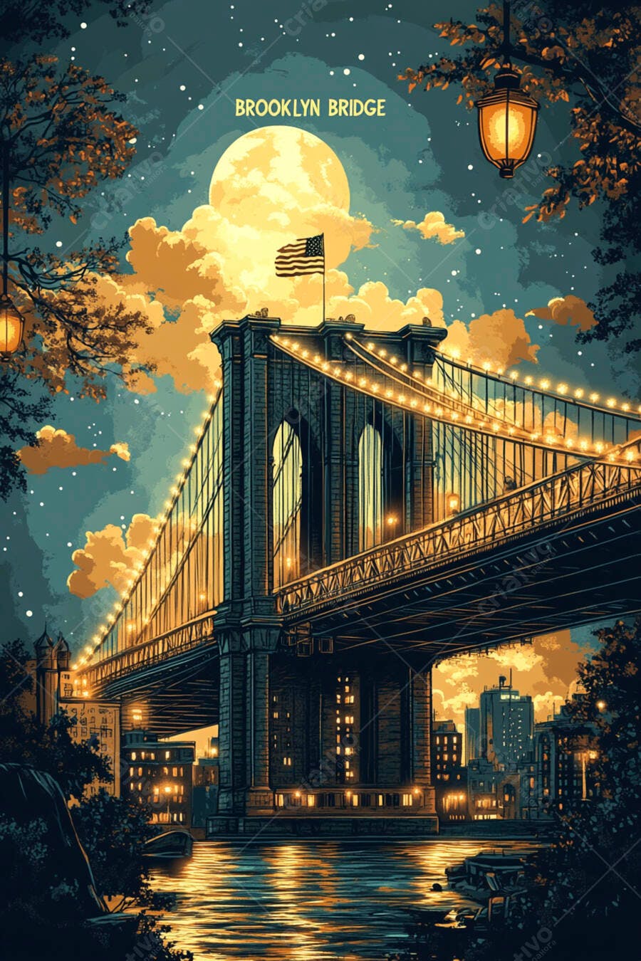 Ponte do Brooklyn à noite com lua cheia e luzes brilhantes ilustração