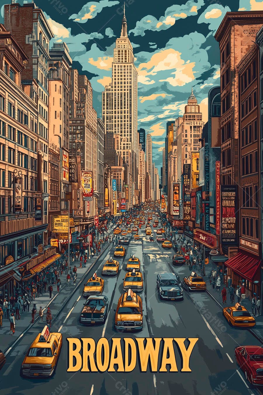 Rua movimentada de Nova York com táxis amarelos e arranha-céus estilo ilustração Broadway