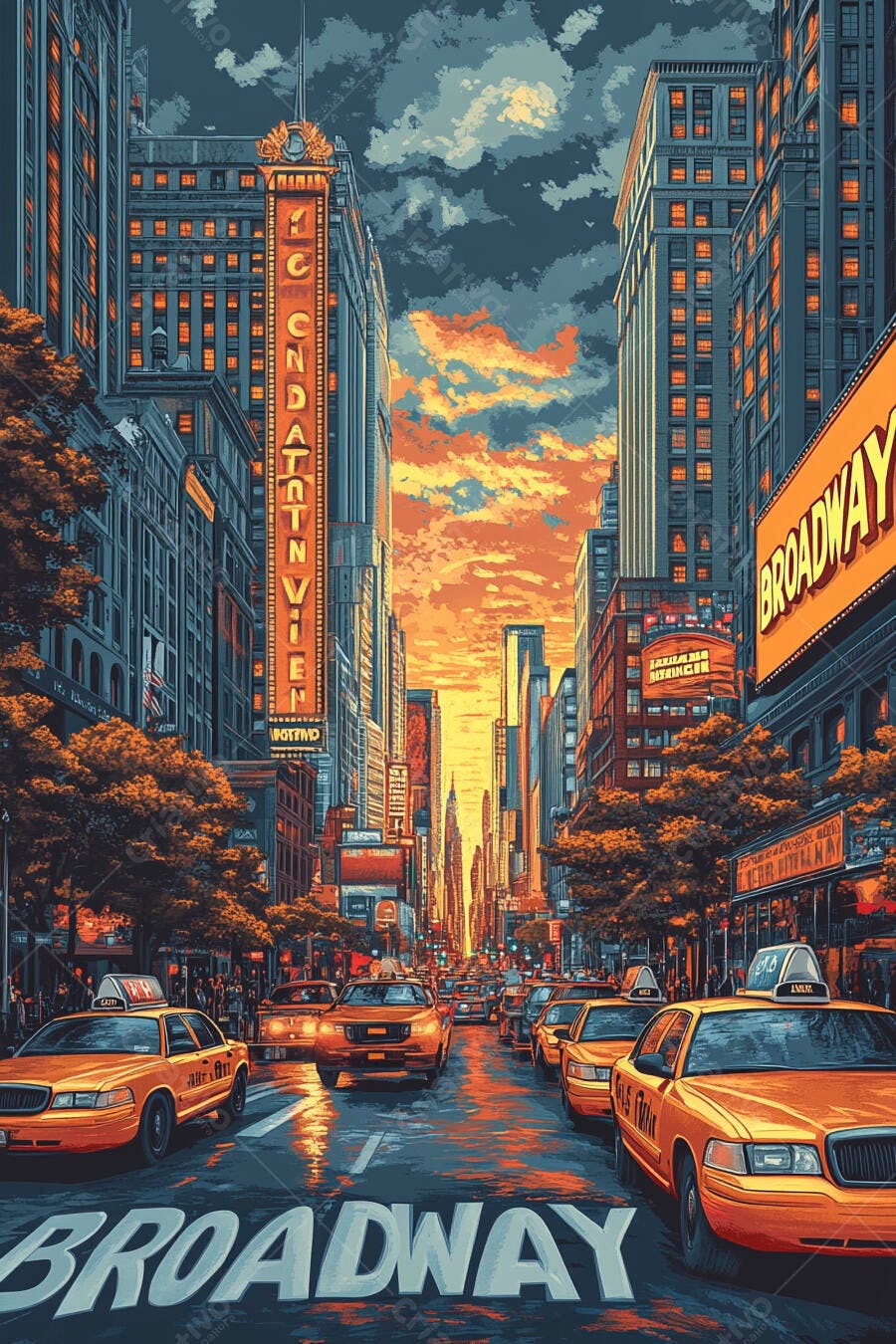 Rua Broadway com táxis amarelos ao pôr do sol em Nova York