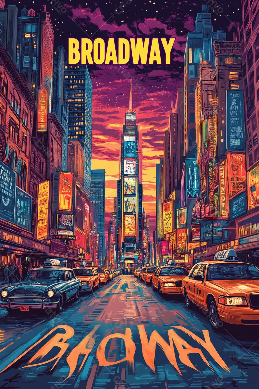 Broadway Nova Iorque ilustração urbana vibrante com táxis amarelos e céu roxo
