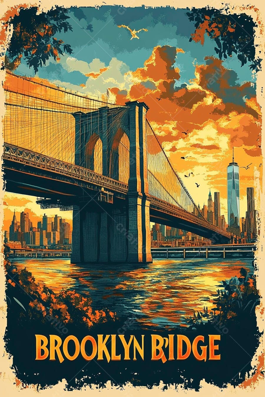 Ponte do Brooklyn vibrante pôr do sol laranja e azul Nova York