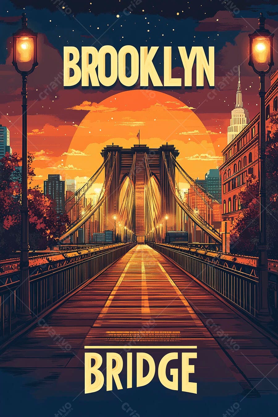 Ponte do Brooklyn ilustração vibrante pôr do sol em Nova Iorque cores quentes