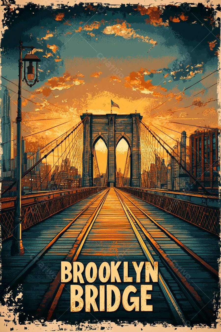 Ponte do Brooklyn ao pôr do sol com céu laranja e azul estilo vintage