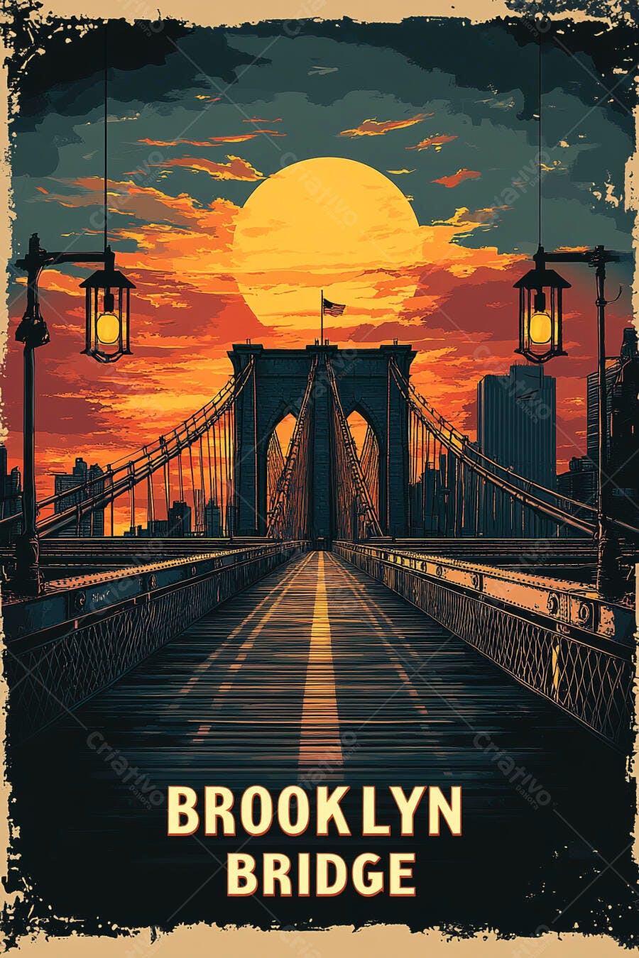 Ponte do Brooklyn ao pôr do sol urbano com cores quentes e estilo vintage