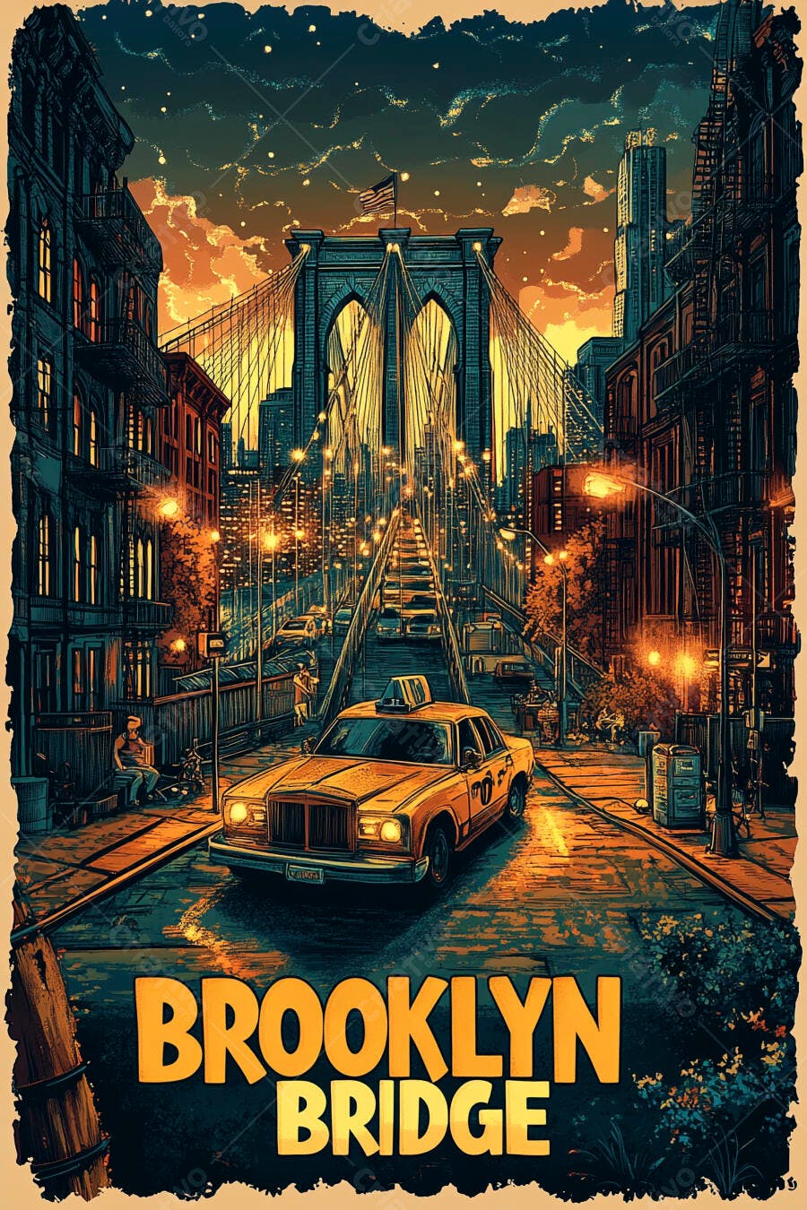 Ponte do Brooklyn e táxi amarelo clássico em noite vibrante de Nova York