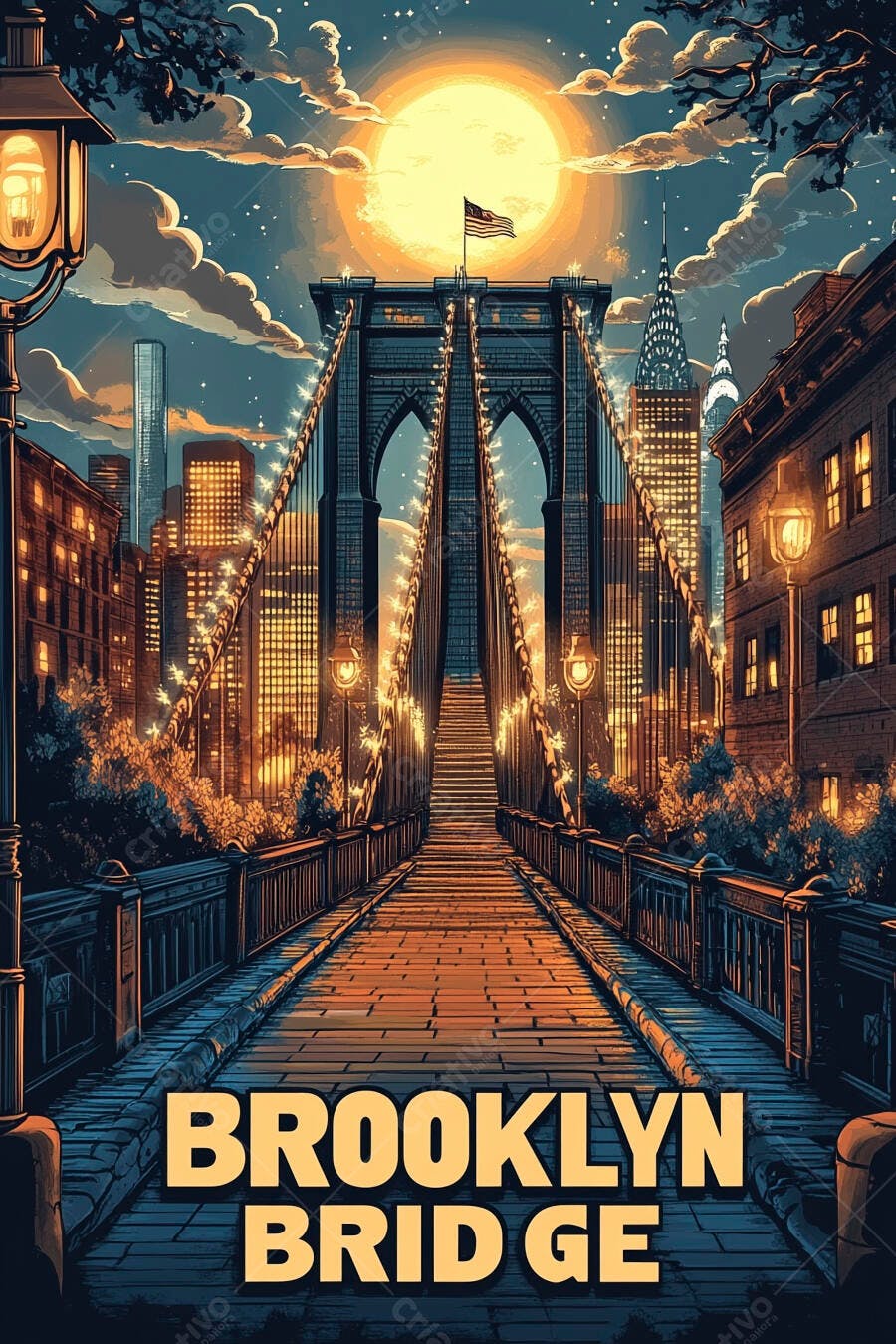 Ponte do Brooklyn à noite com lua cheia e arranha-céus iluminados