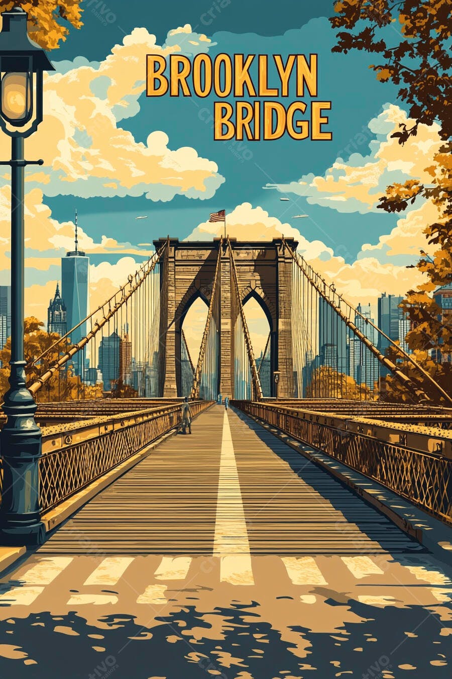 Ponte do Brooklyn em dia ensolarado de outono com skyline de Nova York ao fundo ilustração