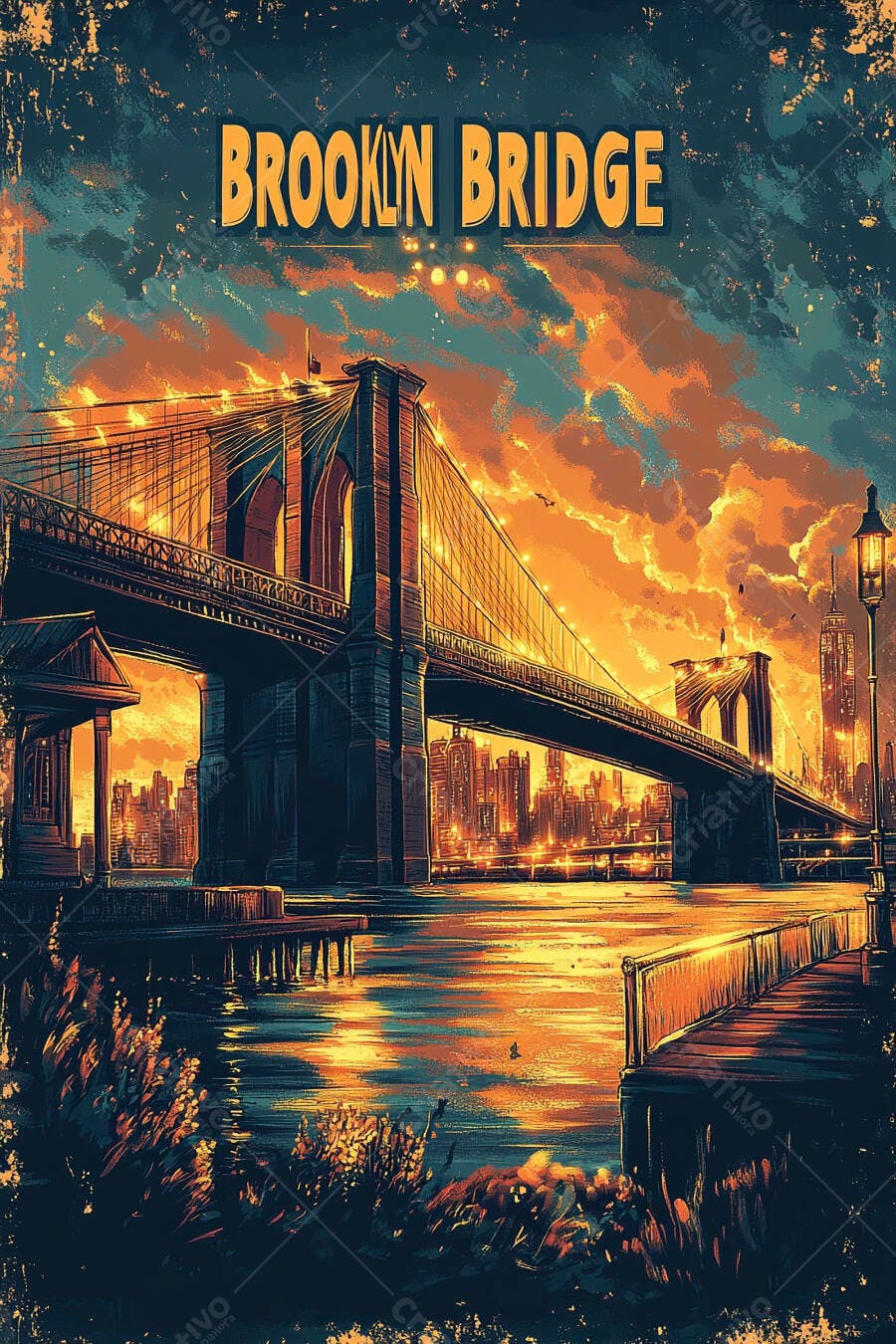Ponte do Brooklyn ao pôr do sol alaranjado com horizonte urbano ilustração vintage