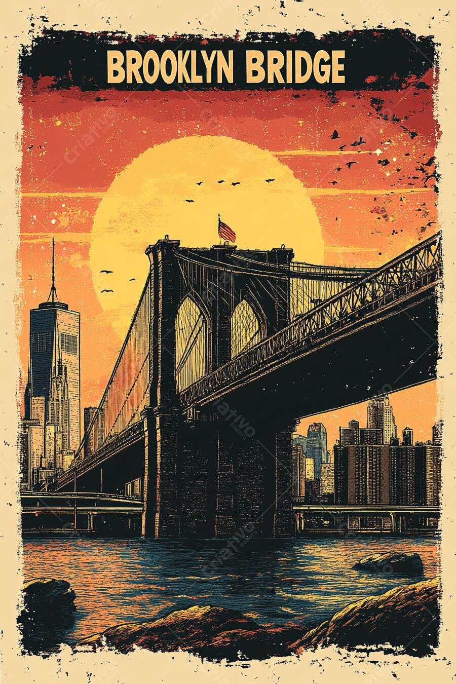 Ponte do Brooklyn ao pôr do sol com horizonte de Nova York estilo vintage