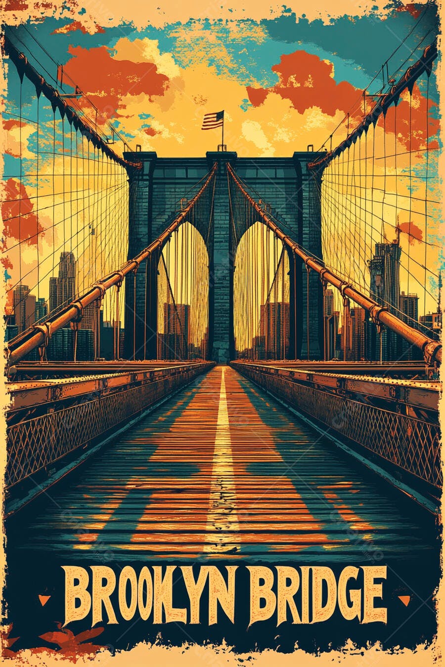 Ponte do Brooklyn arte poster retro com céu laranja e azul