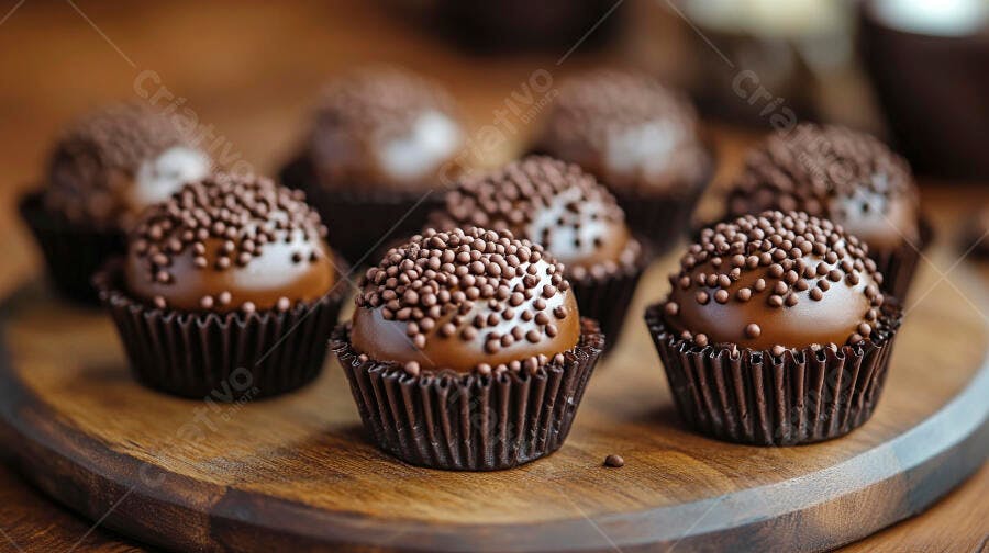 Brigaderios de chocolate com granulado em forminhas escuras sobre tábua de madeira