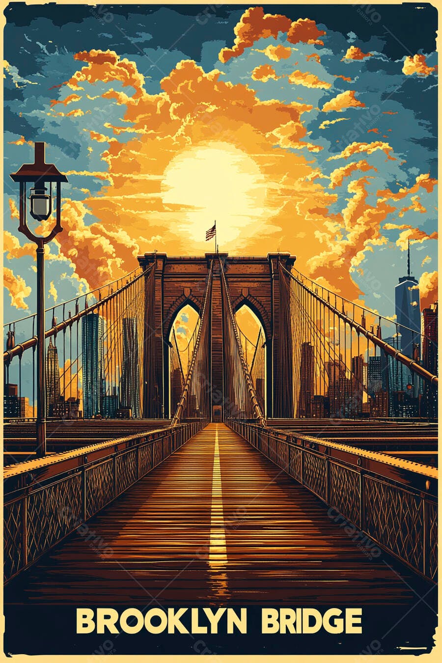 Ponte do Brooklyn com pôr do sol laranja e céu dramático em Nova York