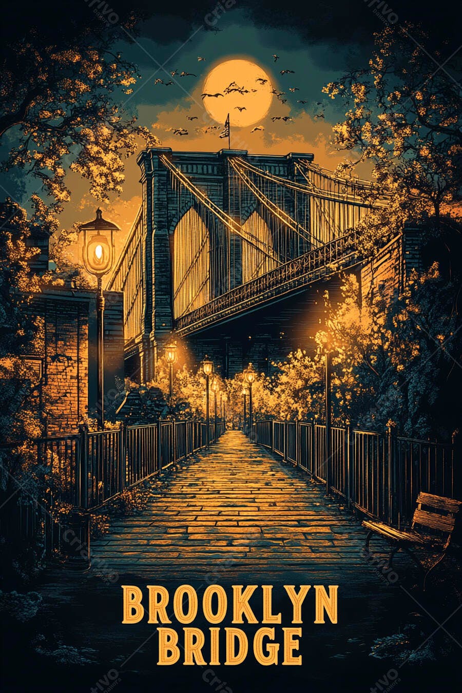 Ponte Brooklyn icônica iluminada sob lua cheia e céu noturno vibrante