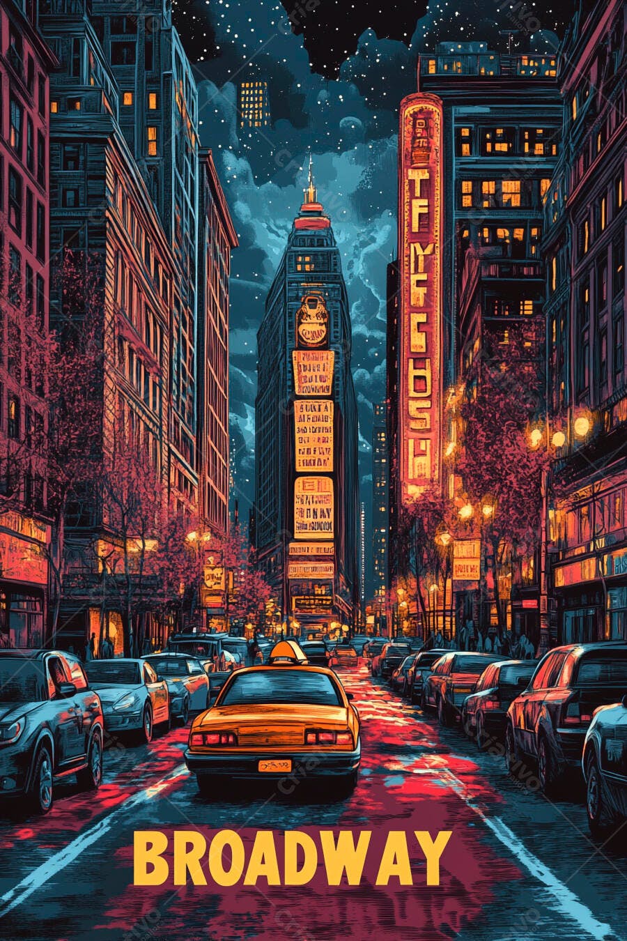 Ilustração Broadway Nova York à noite com táxi amarelo e arranha-céus