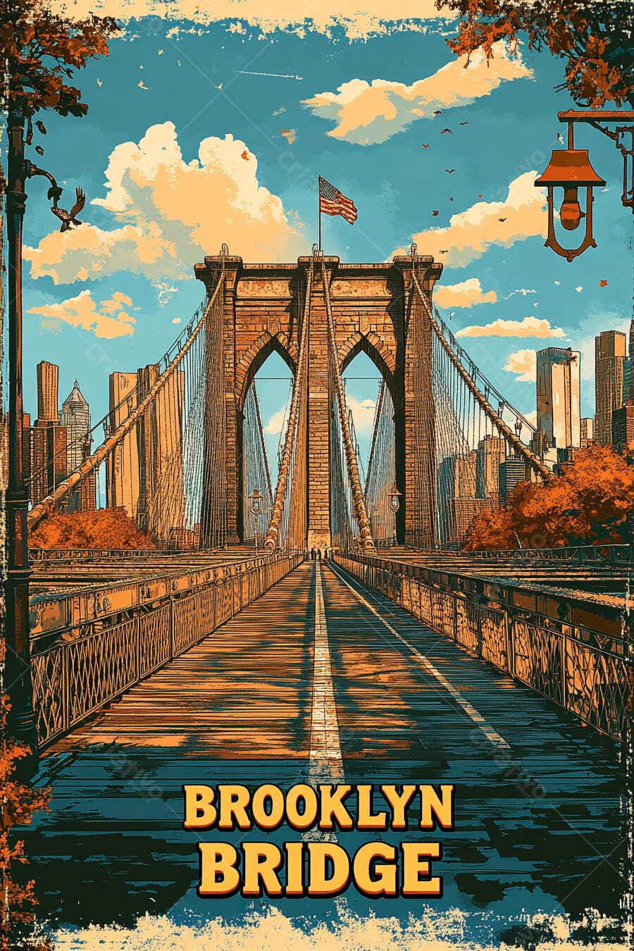 Brooklyn Bridge ilustração vintage com bandeira americana e céu azul urbano