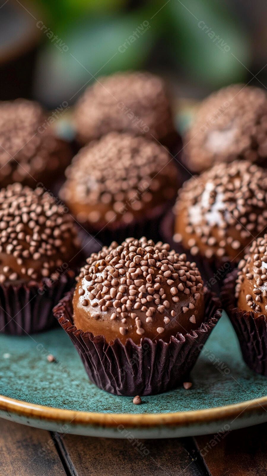 Brigadeiros de chocolate cremosos com granulado em prato azul rústico