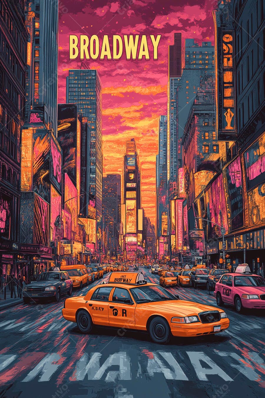 Rua Broadway Nova Iorque pôr do sol com táxis amarelos e arranha-céus vibrantes