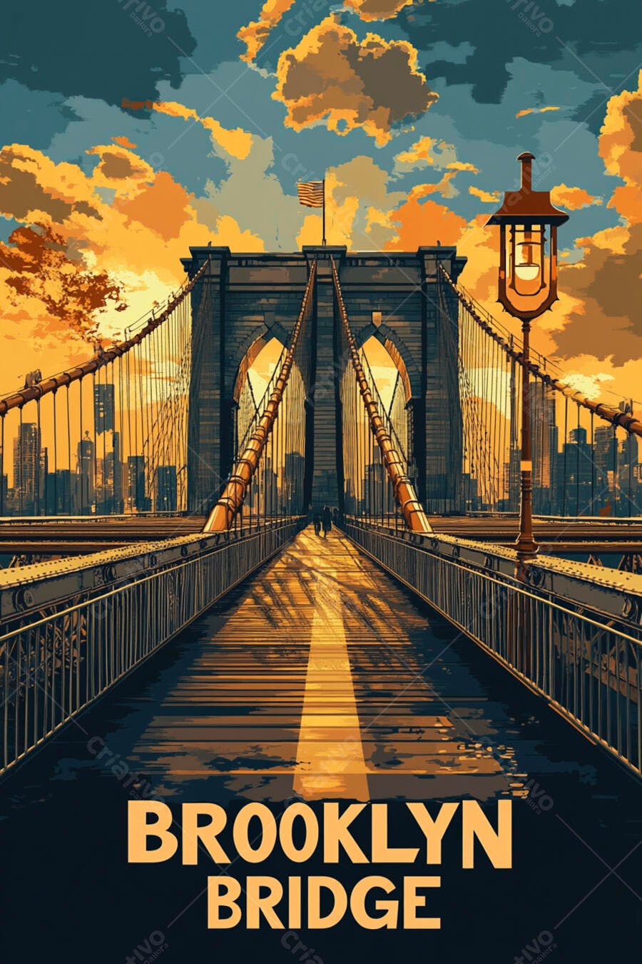 Ponte do Brooklyn ao pôr do sol com céu laranja e azul sobre Manhattan