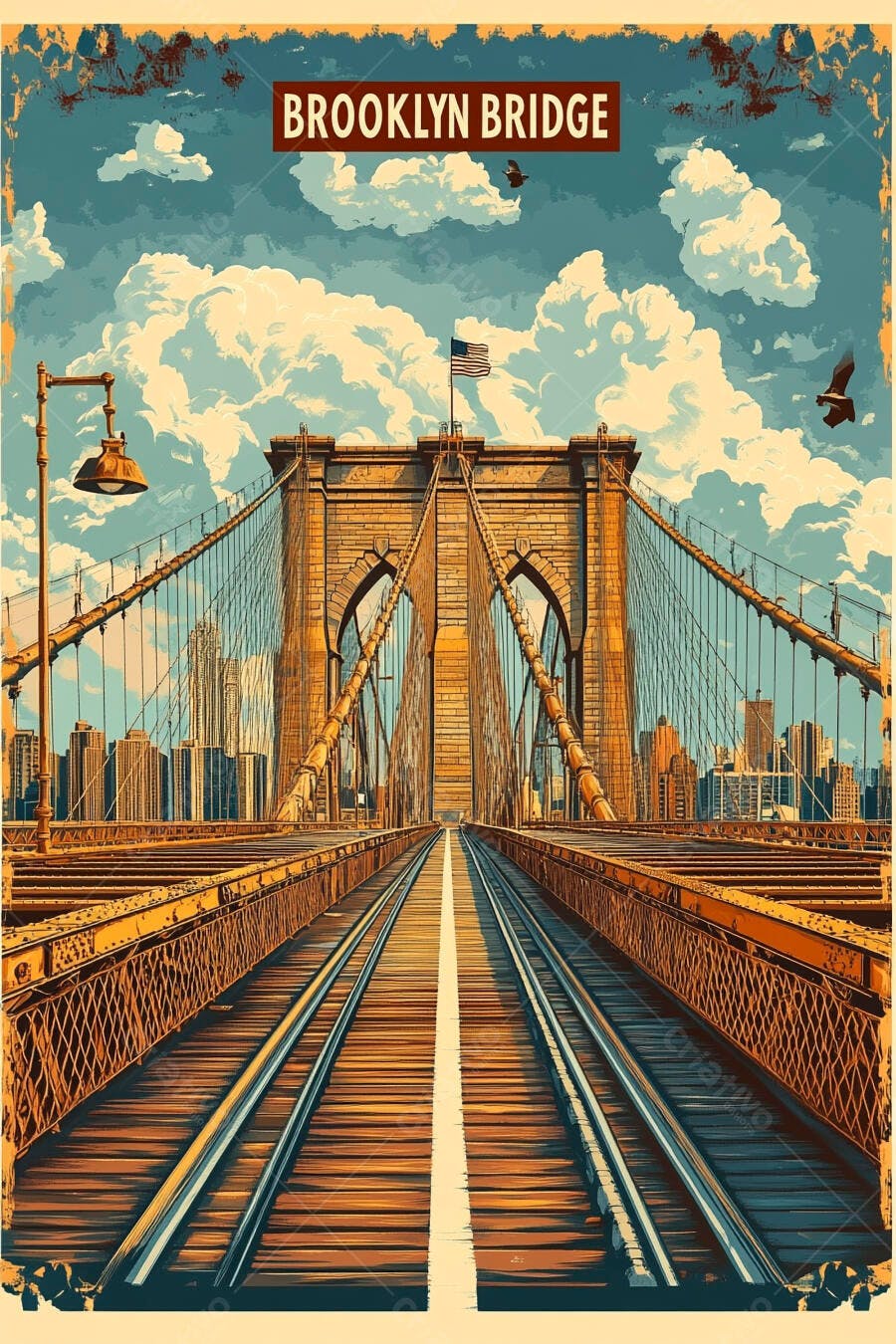 Ponte do Brooklyn em estilo retrô com céu azul e bandeira americana
