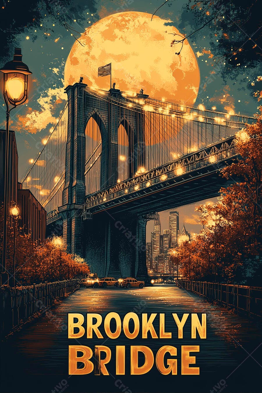 Brooklyn Bridge Nova York com lua cheia e cores outonais à noite