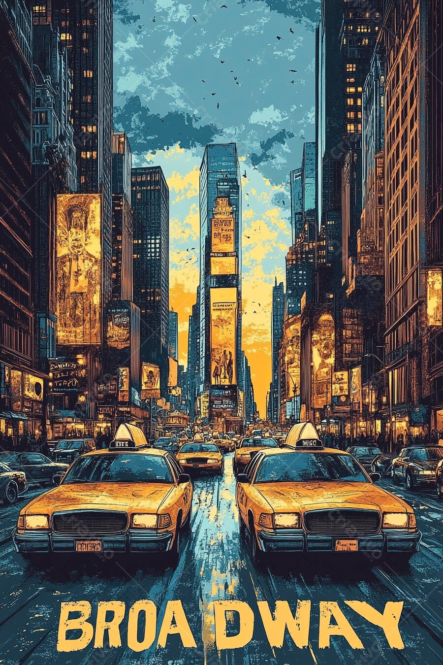 Rua Broadway Nova York táxis amarelos arranha-céus iluminados