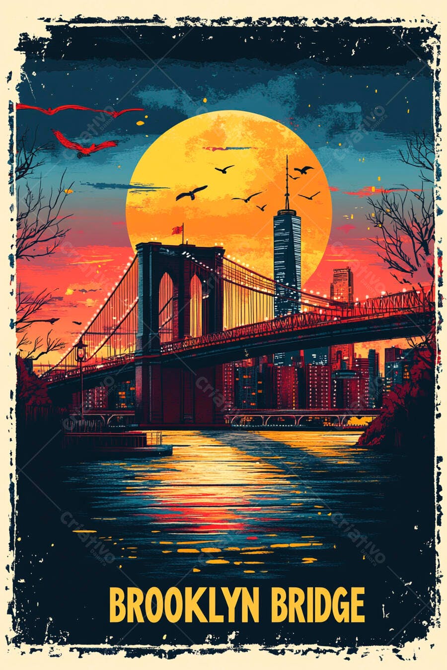 Ponte do Brooklyn vintage pôr do sol vibrante e lua cheia grande