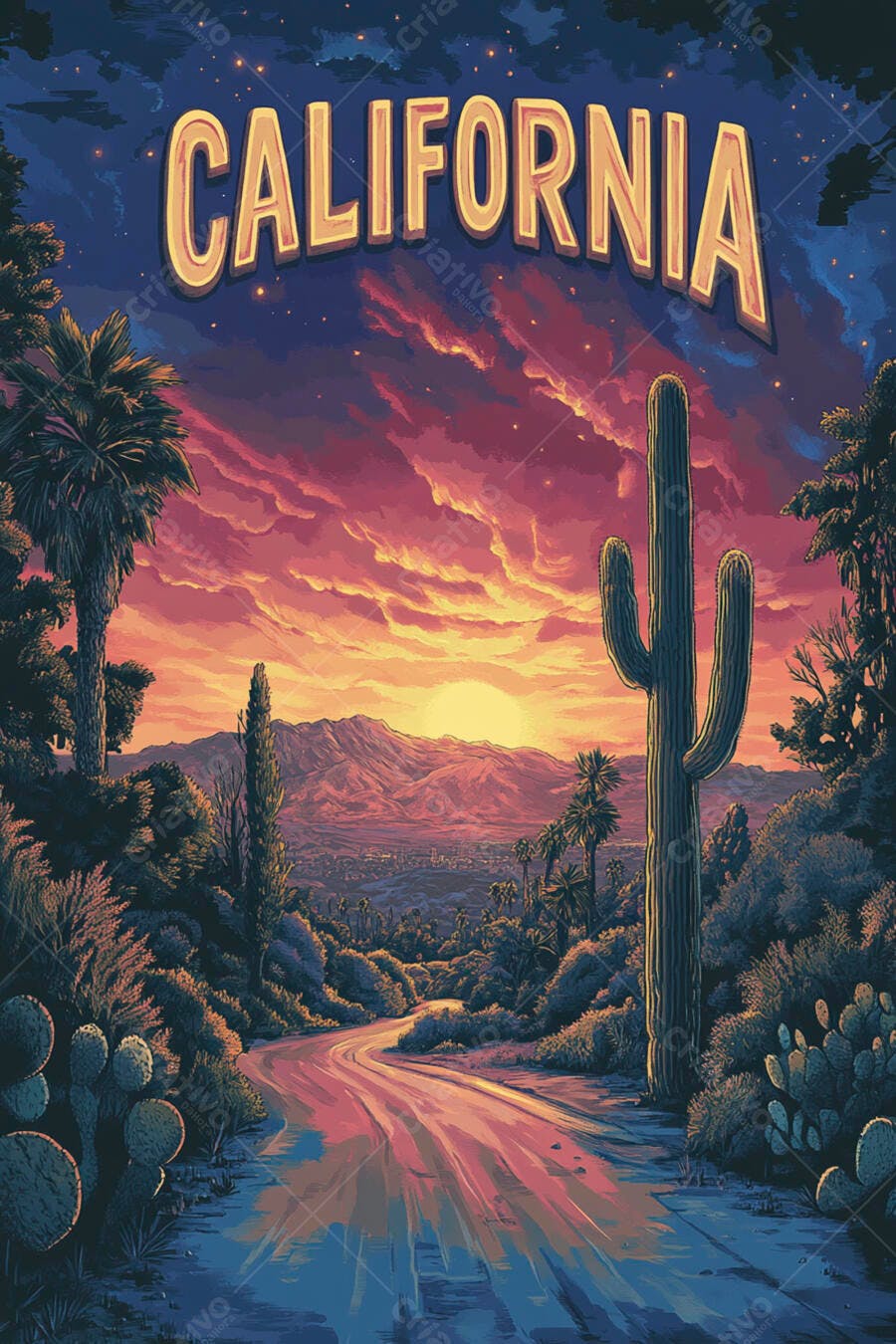 Ilustração Califórnia Deserto Pôr do Sol Cactus Estrada