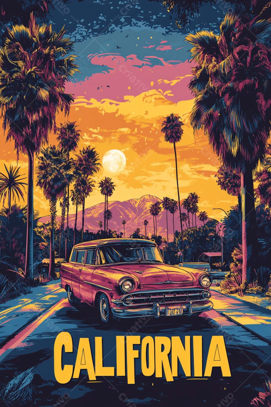 Ilustração Carro Antigo Califórnia Pôr do Sol Palmeiras