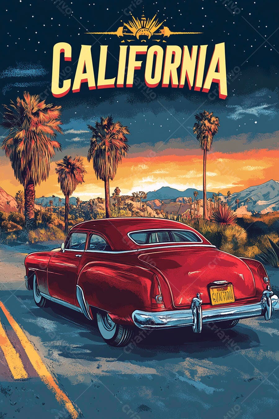 Ilustração Carro Clássico Califórnia Pôr do Sol Palmeiras