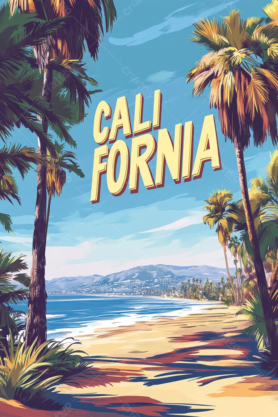 Ilustração Califórnia Praia Coqueiros Estilo Retrô Verão