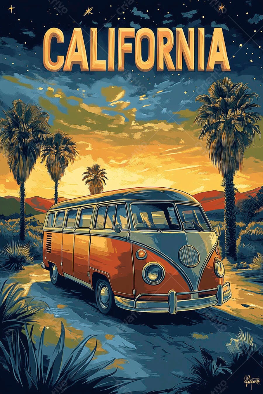Ilustração Kombi Califórnia Pôr do Sol Palmeiras Retrô
