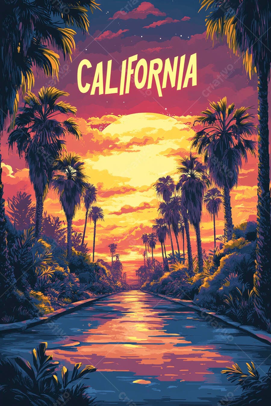 Pôster Califórnia Retrowave Pôr do Sol Palmeiras Estrada